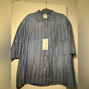 Zara Men's Casual Blue and White Striped Shirt